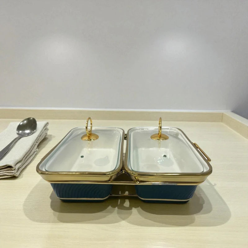 Luxury Rectangular Twin Chafing Dishes with Handles & Metal Stand – Deep Green coloured Buffet Set (12