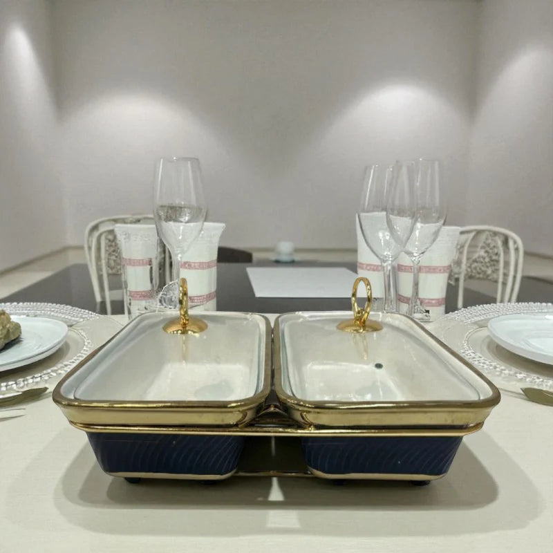 Luxury Rectangular Twin Chafing Dishes with Handles & Metal Stand – Navy Bue coloured Buffet Set (12