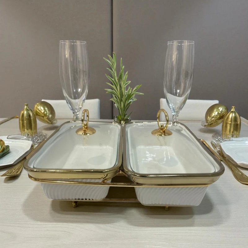 White Rectangular Twin Chafing Serving Dishes with Handles & Metal Stand – Elegant Buffet Set (12