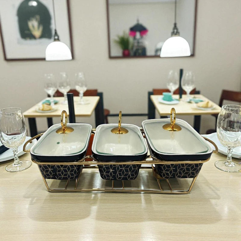 Elegant Triple Chafing Serving Dishes with Handles & Metal Stand – Black Textured Buffet Set (9