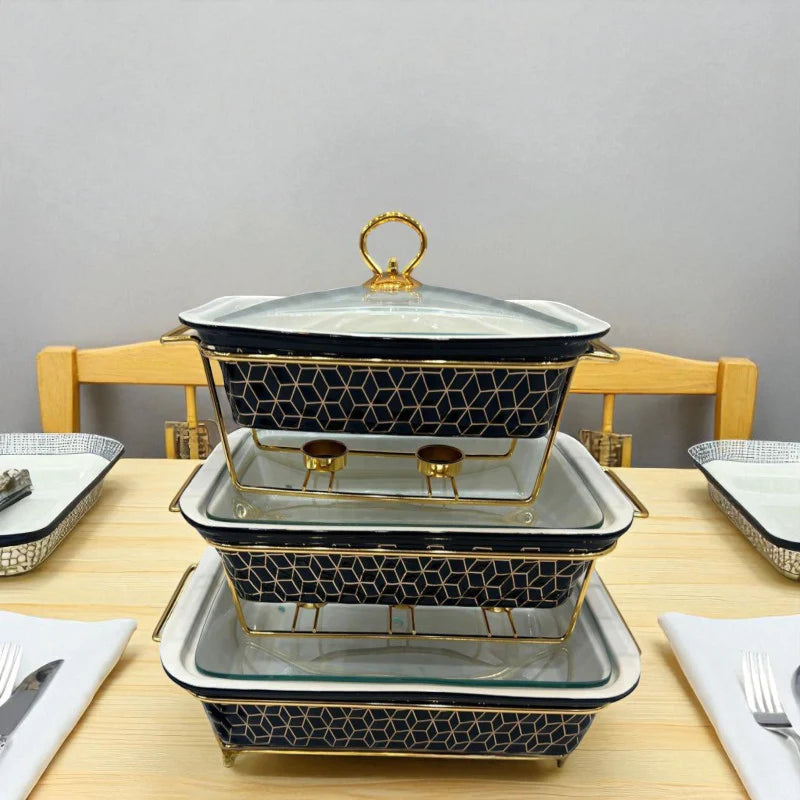 Luxury Imported Rectangular Porcelain Serving Dish (Black Textured) – Glass Lid & Side Handles for Easy Carry - Three Sizes