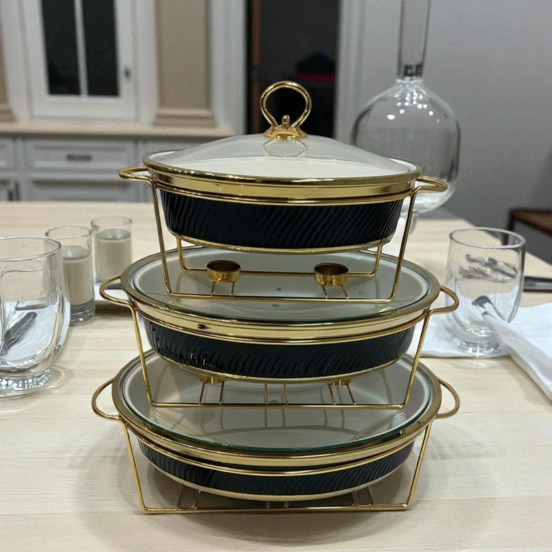 Imported Luxury Oval Porcelain Serving Dish (Black) with Glass Lid & Side Handles for Easy handling - Three Sizes