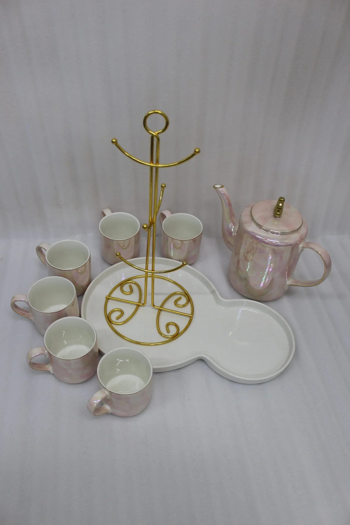 Ceramic Tea Set with Golden Stand & Ceramic Tray
