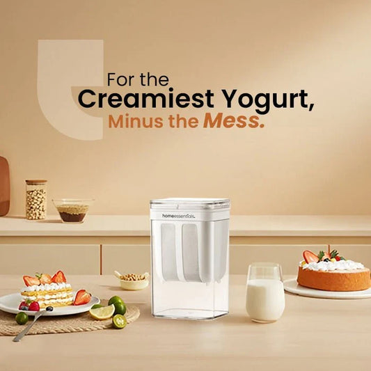 Greek Yogurt maker with desserts on a table, featuring the brand 'homemoments'.