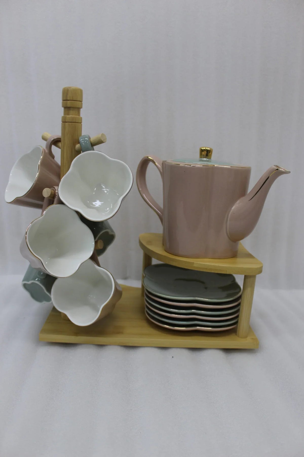 Ceramic Tea Set with Wooden Stand