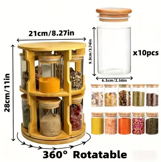 Bamboo 360° Rotation Glass Spice Jars Rack, 1pc Spice Rack + 10pcs Glass Spice Jars