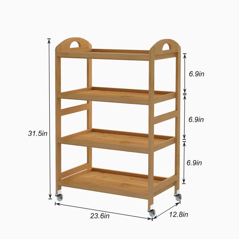 Bamboo Kitchen Island Cart, Rolling Kitchen Trolley with 4 Shelves for Living Room, Bathroom