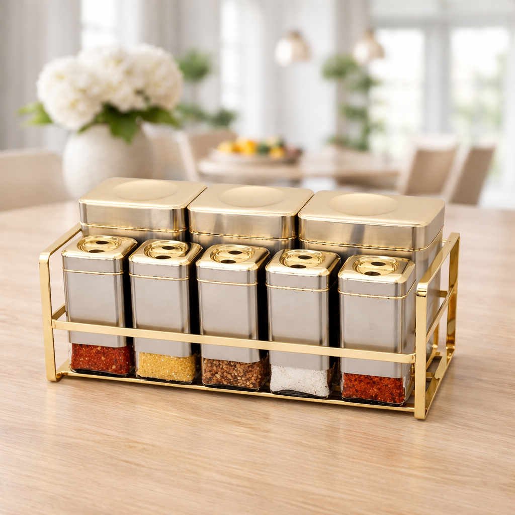Luxury 9-Piece Kitchen Canister & Spice Jar Set with Gold Rack
