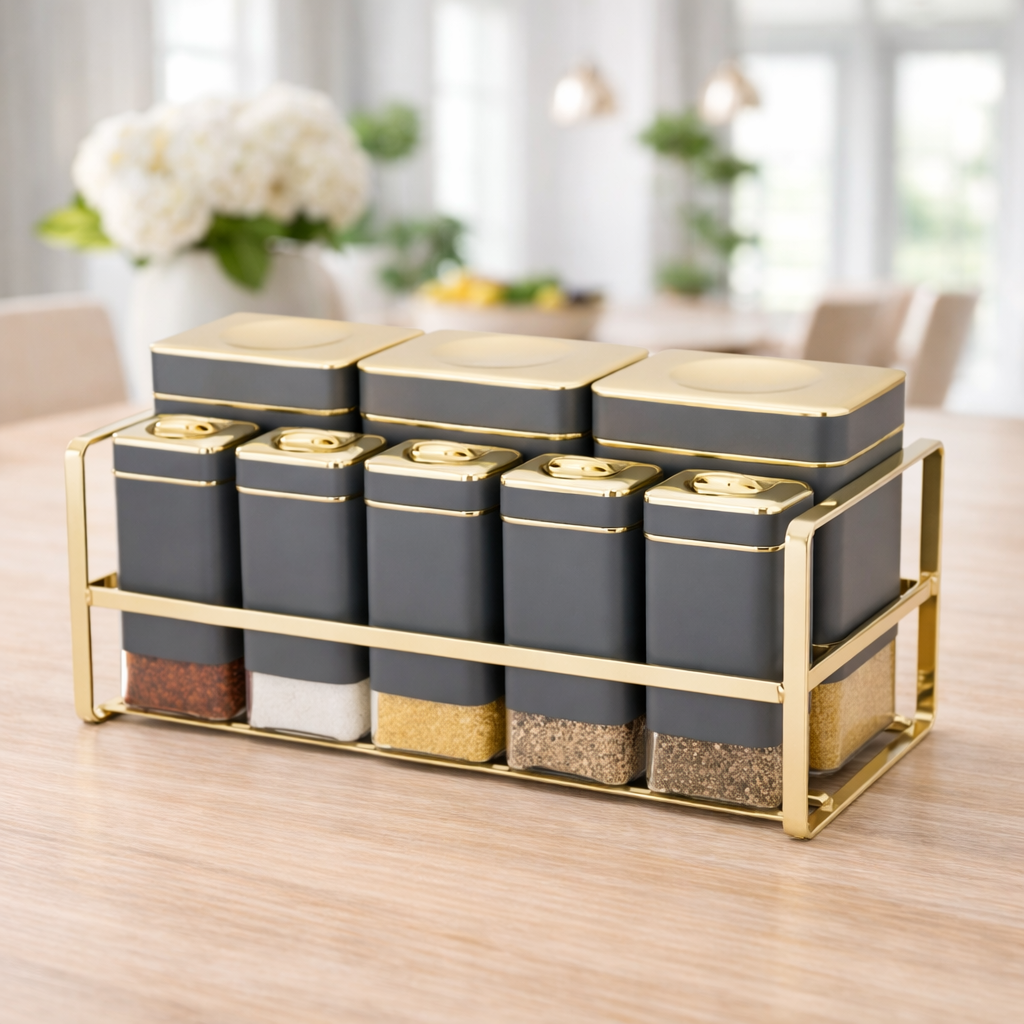 Urban Luxe Grey & Gold 9-Piece Kitchen Canister Set