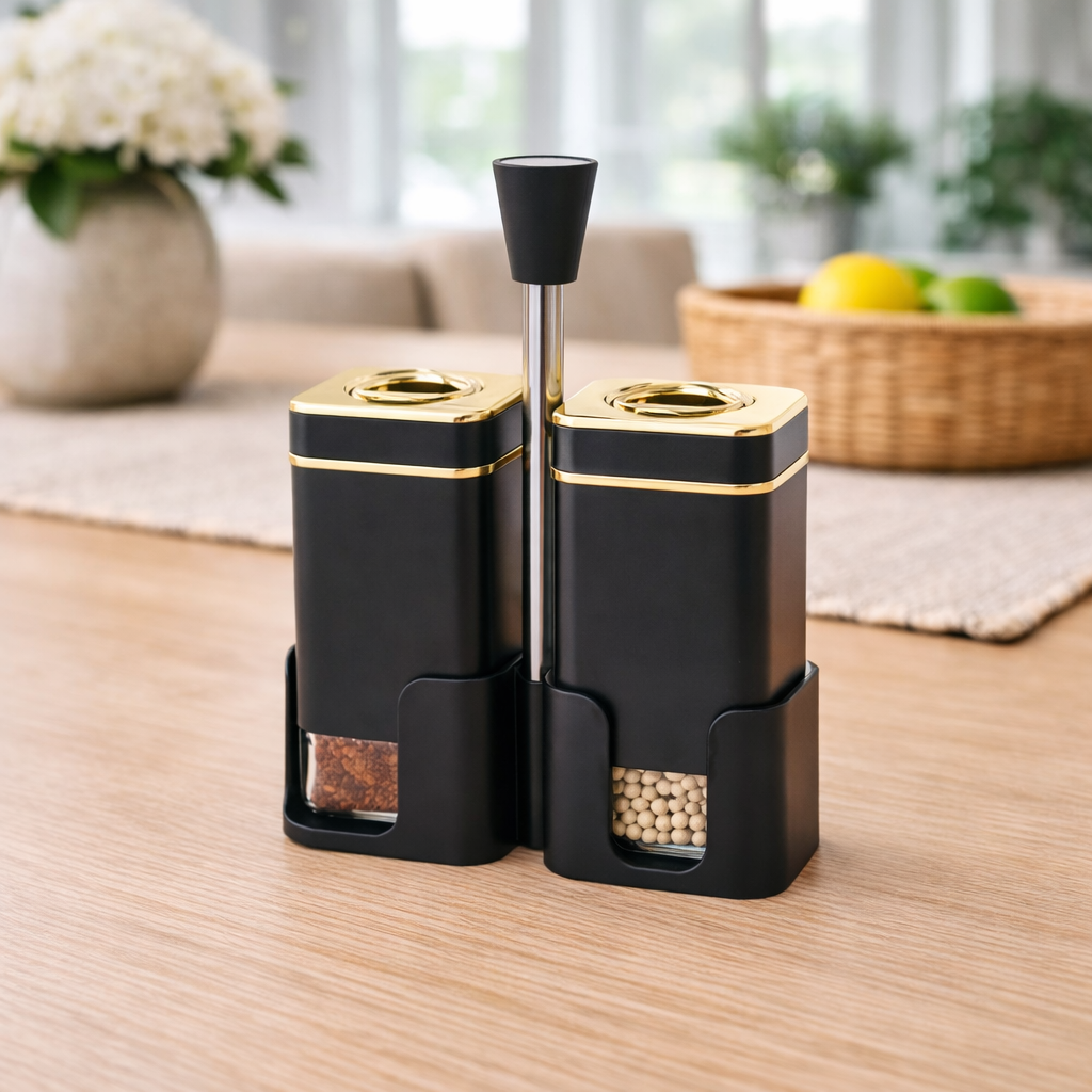 Noir Gold Dual Salt & Pepper Dispenser Set with Stand