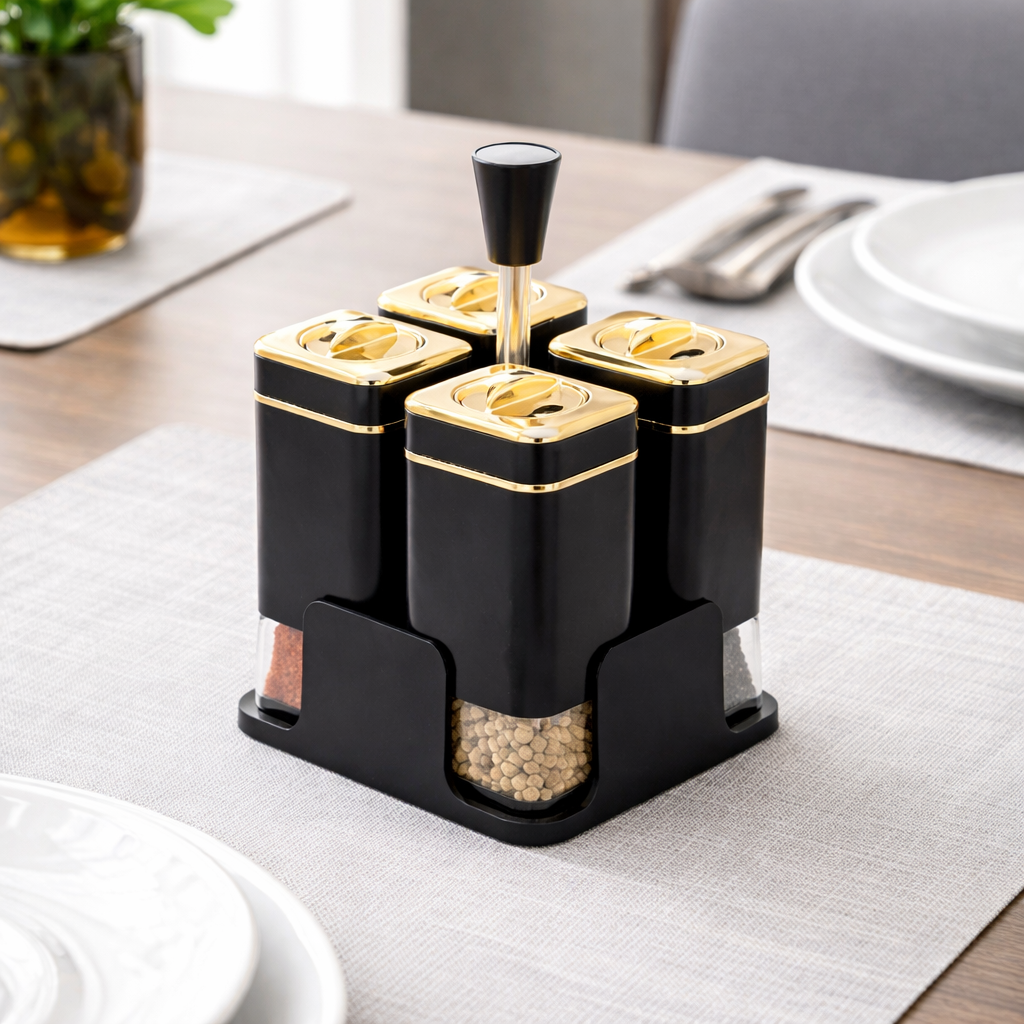 Luxury 4-Piece Spice & Condiment Jar Set with Stand (Black & Gold)