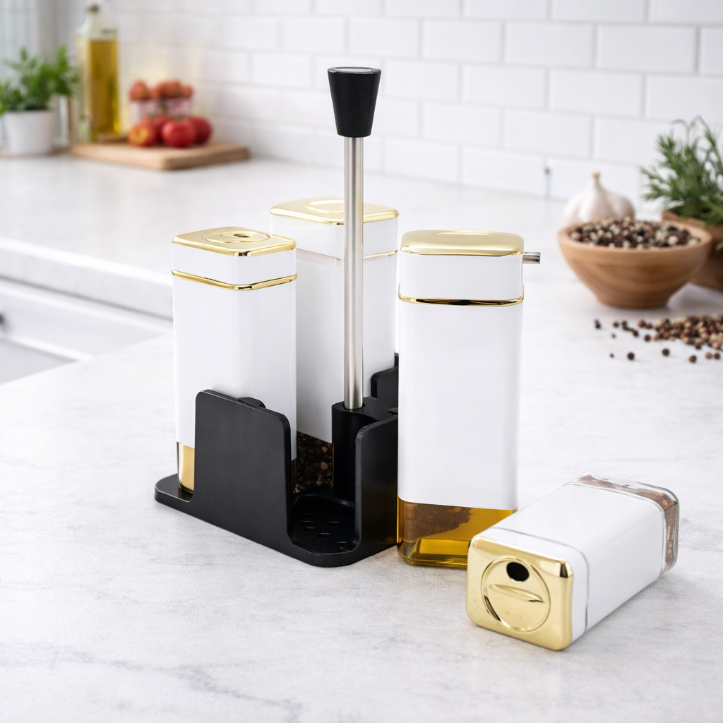 Modern 4-Piece White & Gold Spice Jar Set