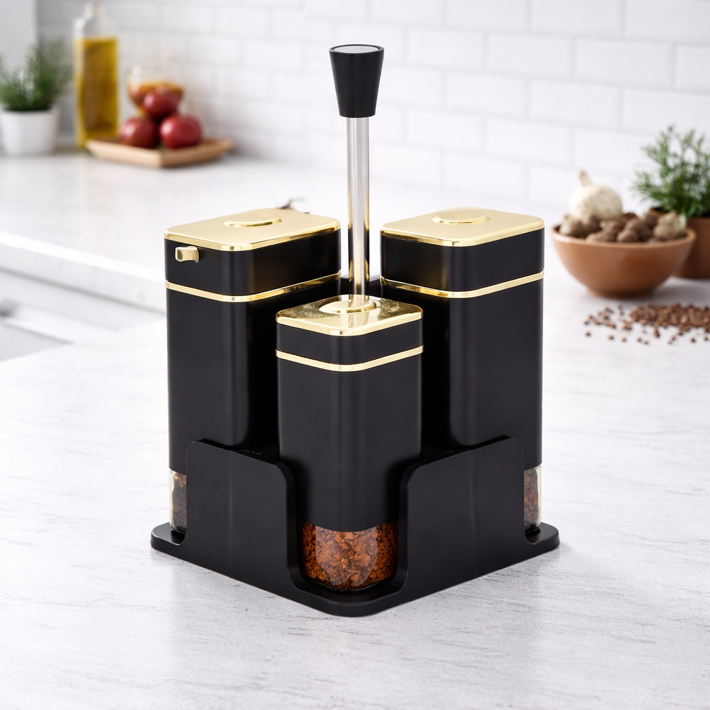 Luxury 4-Piece Black & Gold Spice Jar Set with Stand