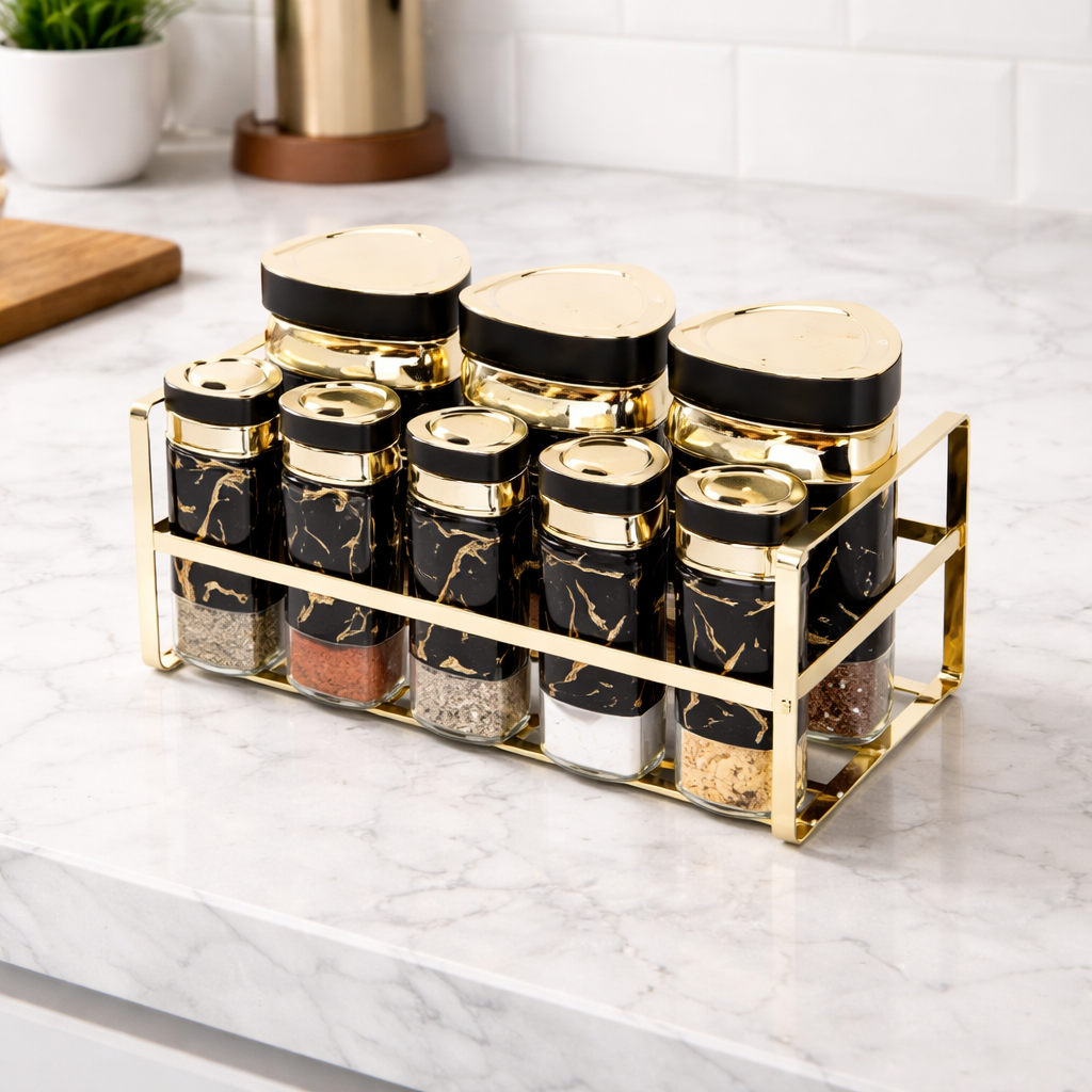 9 Pcs Luxury Black & Gold Spice Jar Set with Metal Rack