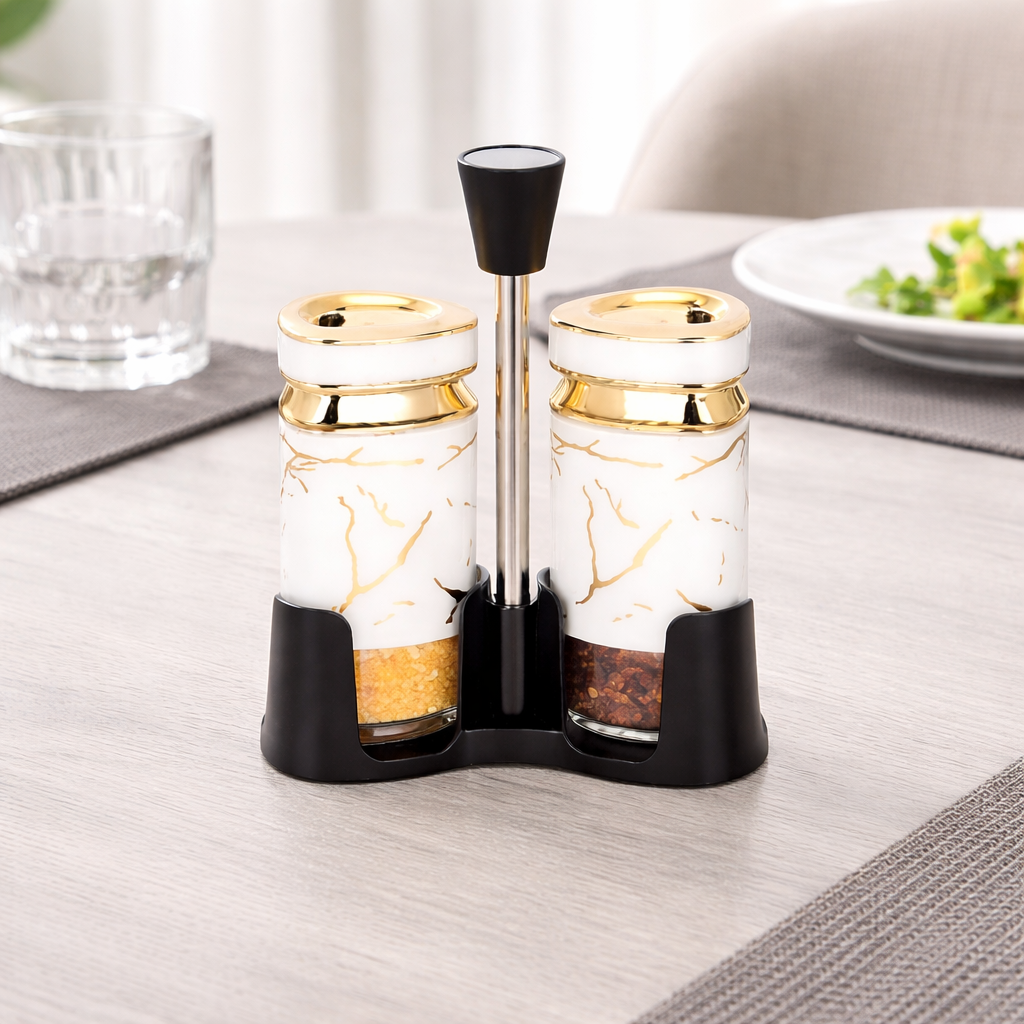 Luxury White & Gold Salt & Pepper Shaker Set with Stand
