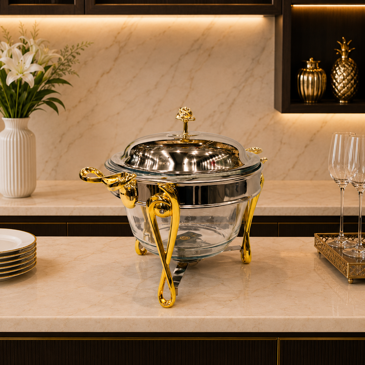 Luxury 4L Glass Chafing Dish with Gold Accents