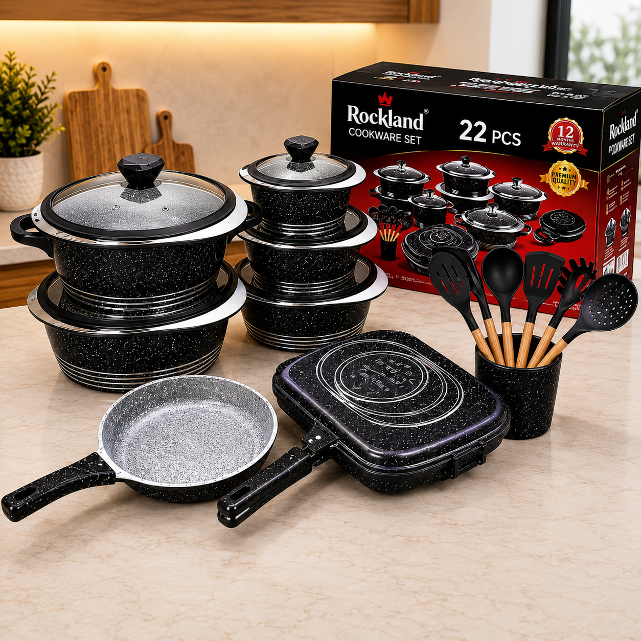 22-Piece Black Granite Non-Stick Cookware Set