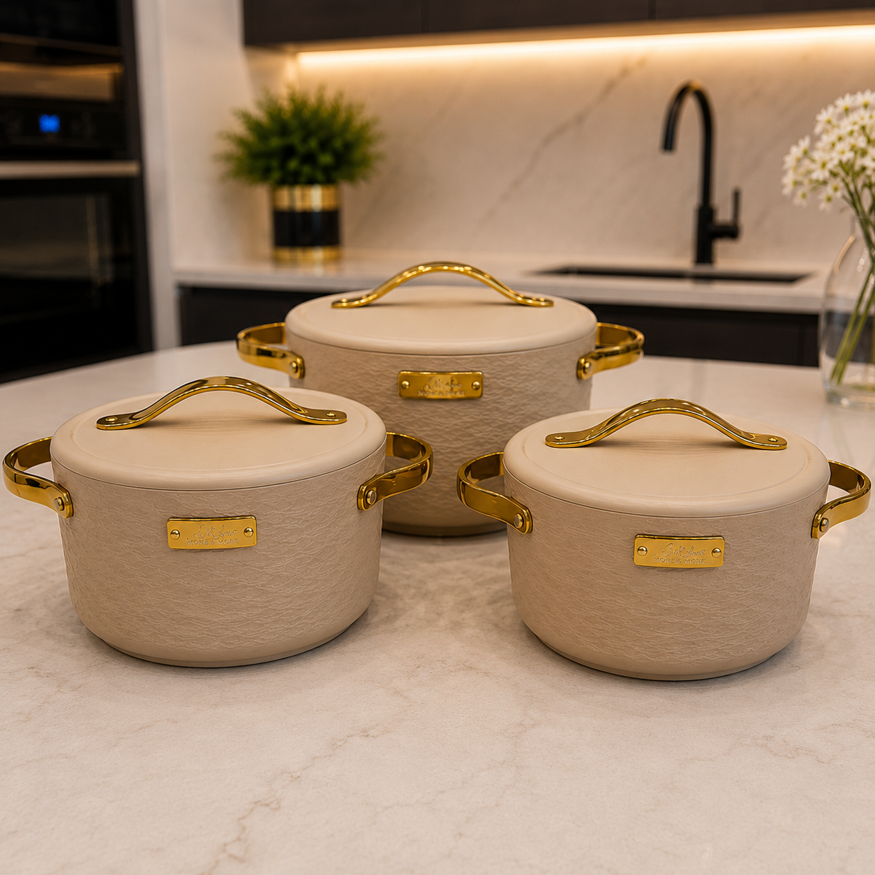 3 Pcs Premium Beige Hotpot with Metal Gold Handles & Lid