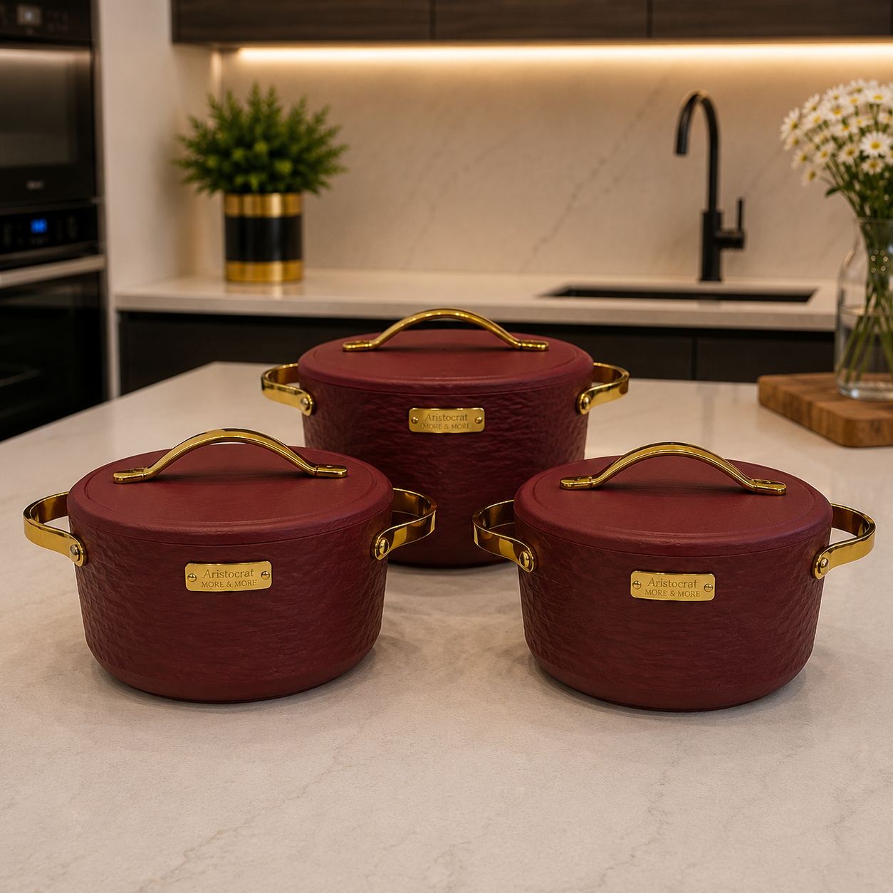 3 Pcs Premium Red Insulated Hotpot with Gold Handles