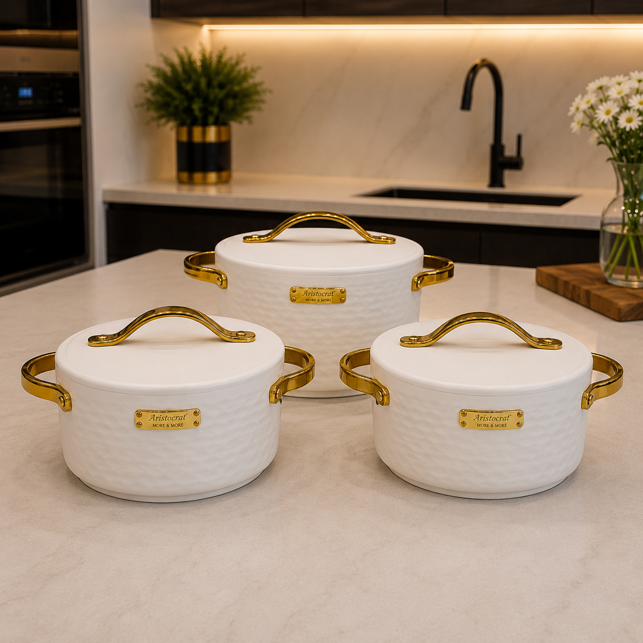 3 Pcs Premium White Insulated Hotpot with Gold Handles