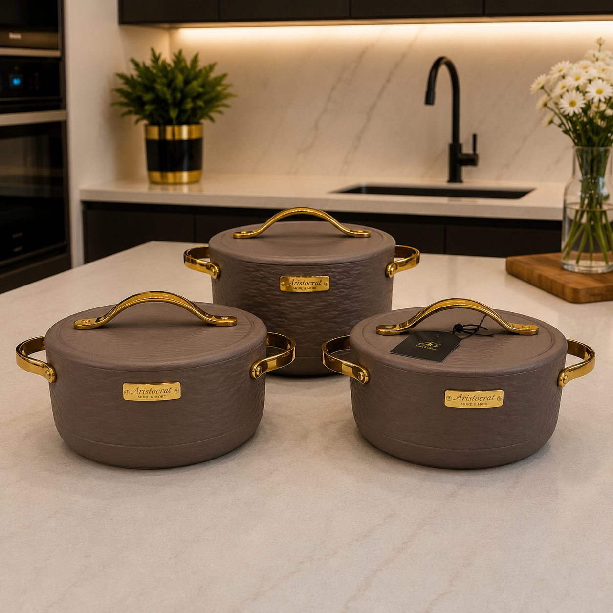 3 Pcs Premium Coffee Brown Insulated Hotpot with Gold Handles