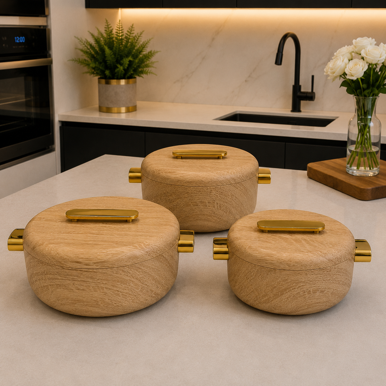 3 Pcs Premium Grain Wood Finish Insulated Hotpot with Gold Accents