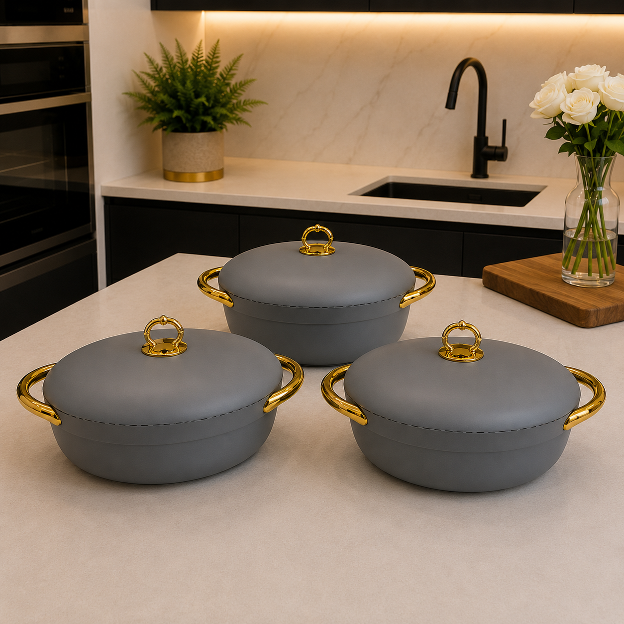 3 Pcs Premium Grey Insulated Casserole Hotpot with Gold Handles