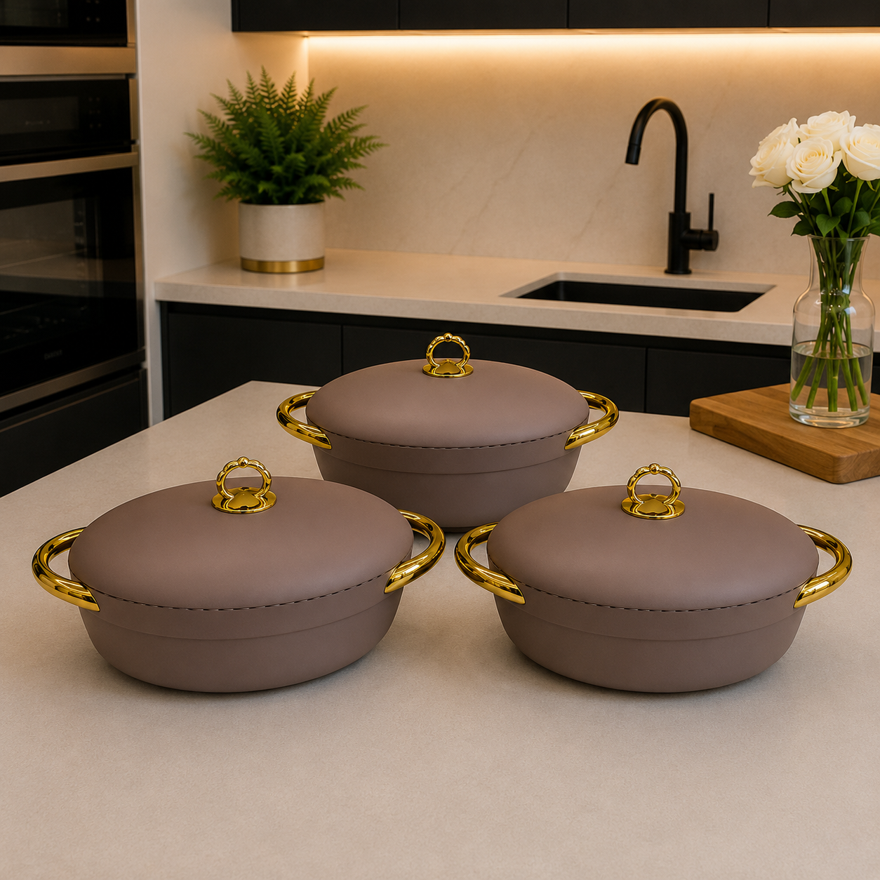 3 Pcs Premium Coffee Brown Insulated Casserole Hotpot with Gold Handles