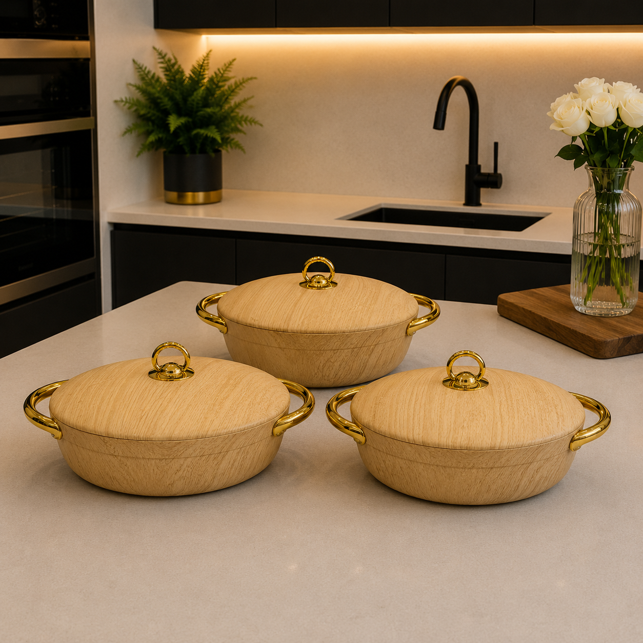 3 Pcs Premium Light Wood Finish Insulated Casserole Hotpot with Gold Handles Description: