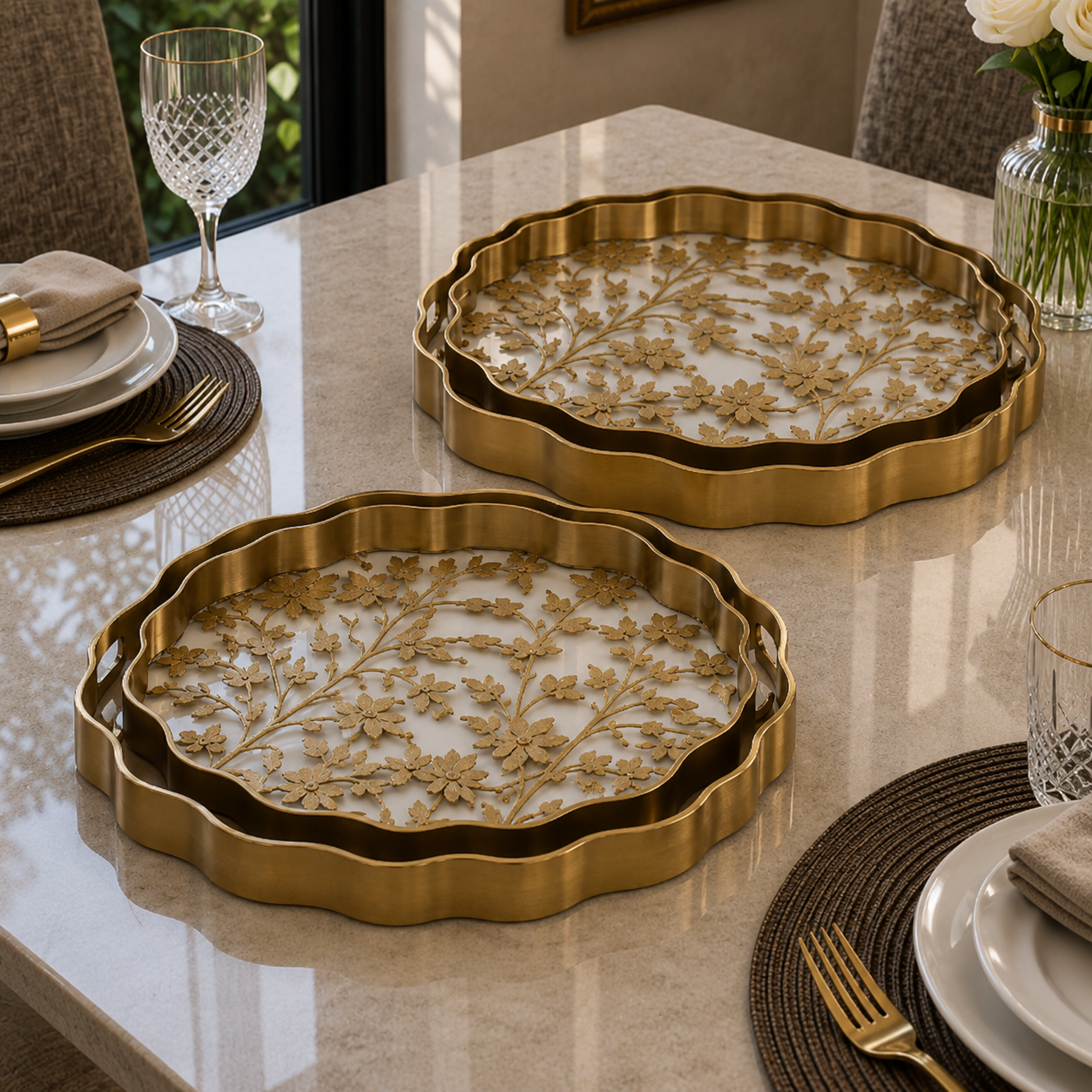 Angela Luxury Gold Floral Cutwork Metal Serving Tray Set