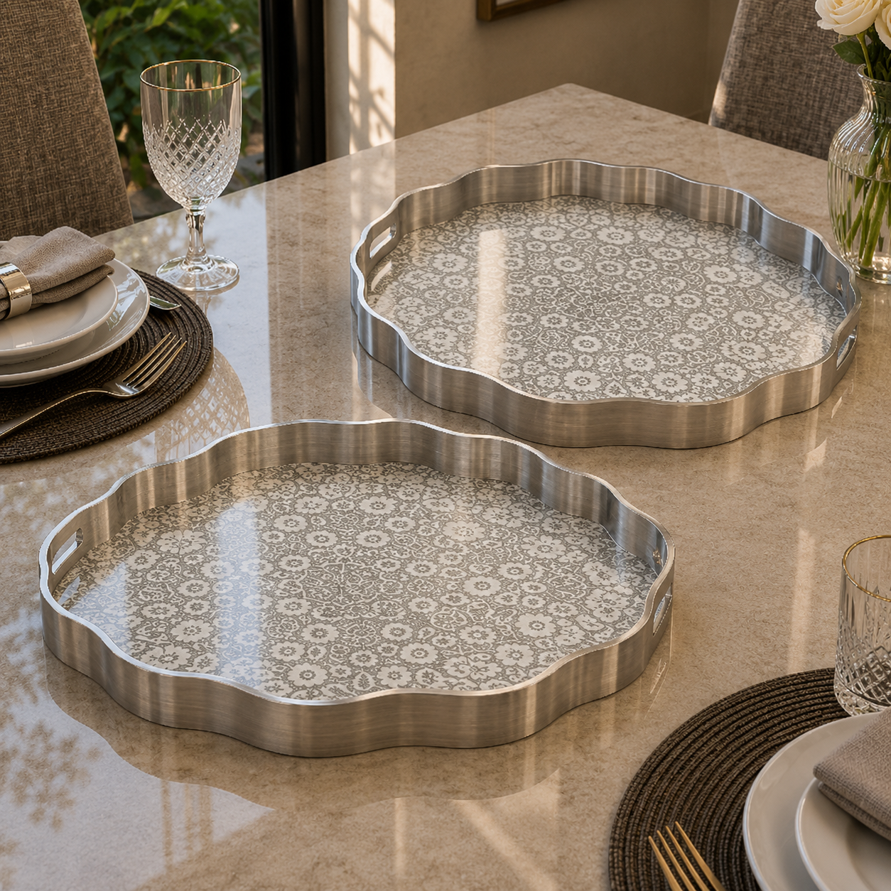 Angela Luxury Gold Floral Pattern Metal Serving Tray Set