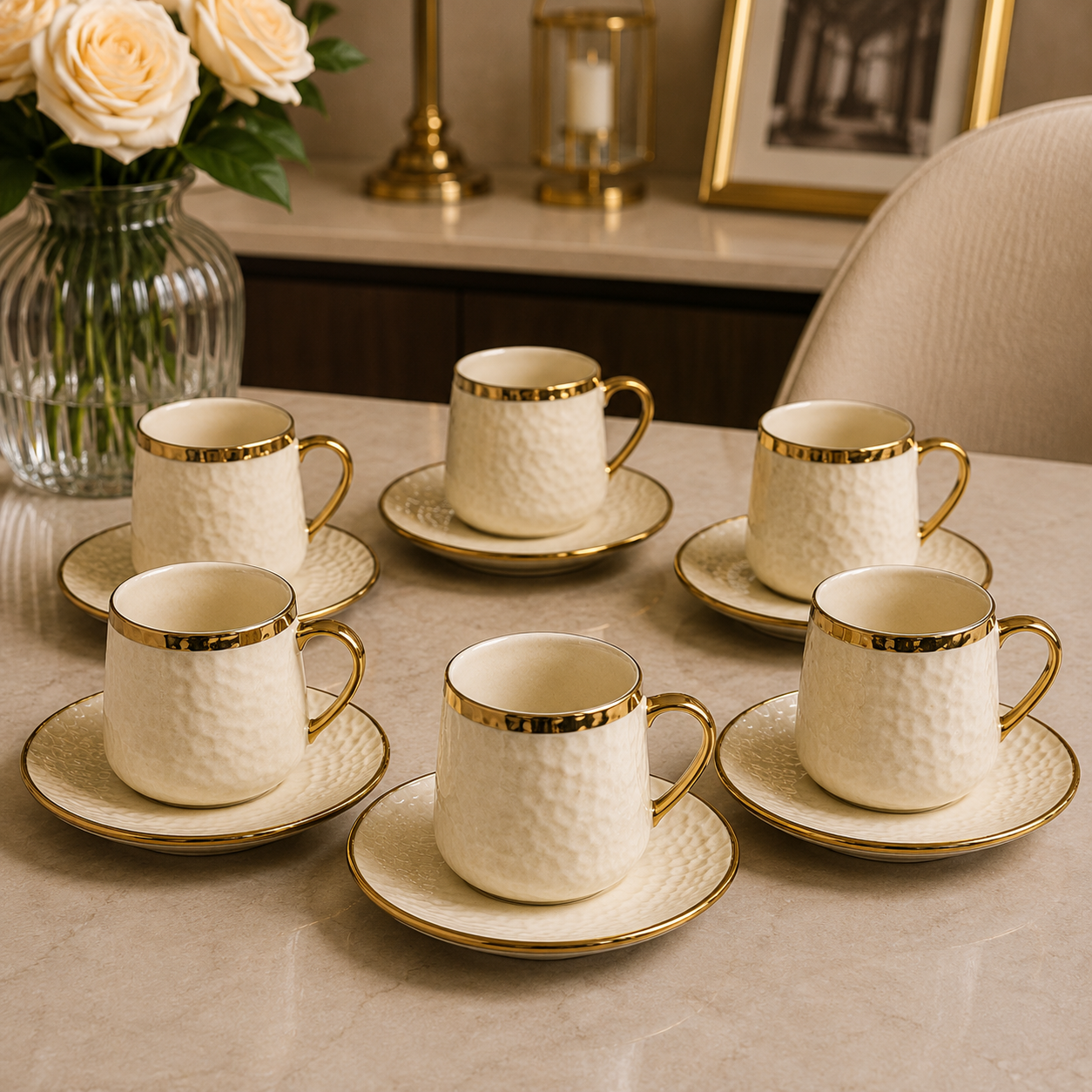 Cup N Saucer Stone Heavy Ceramic Set – 6 Pcs Ivory Gold Edition