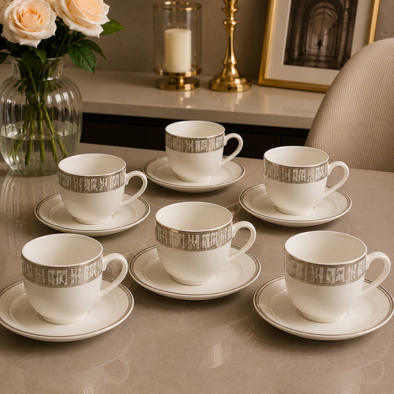 Coffee Mug Cup & Saucer Set – 6 Pcs Silver Elegance Collection