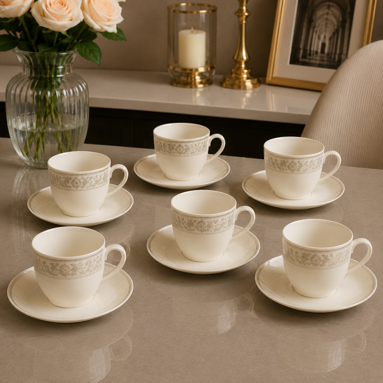 Coffee Mug Cup & Saucer Set – 6 Pcs Classic Floral Elegance Collection