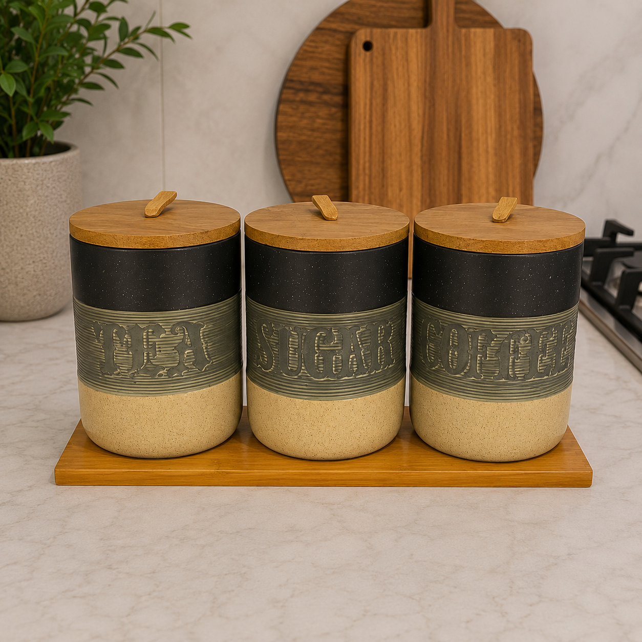 Vintage Ceramic & Bamboo Tea, Sugar & Coffee Storage Canister Set