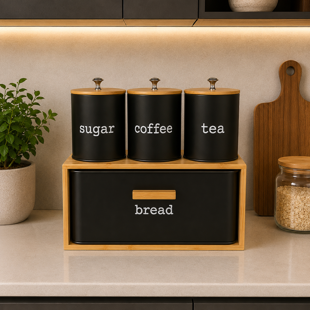 Matte Black Bread Box Set with Natural Wood Frame