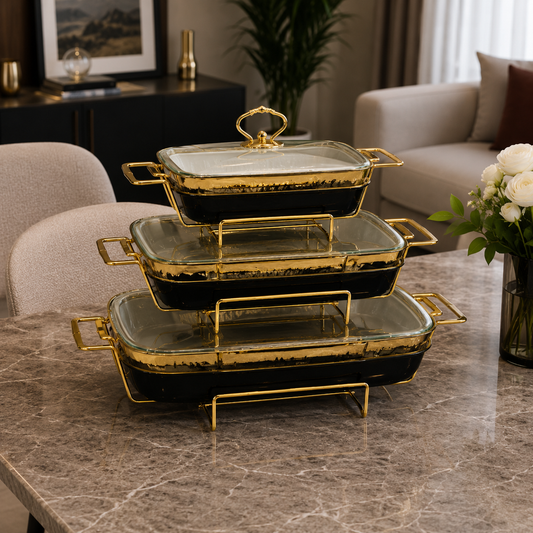 Rectangular Black Glass Lid Serving Dish Set