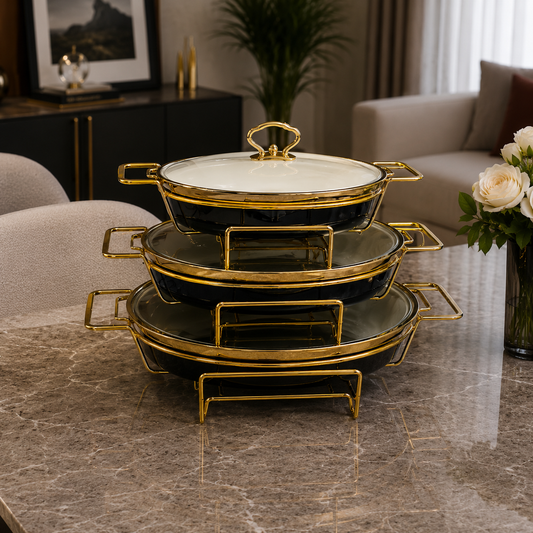 Round Black Glass Lid Serving Dish Set