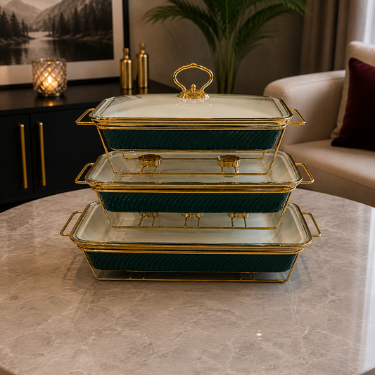 Rectangular Green Glass Lid Serving Dish Set