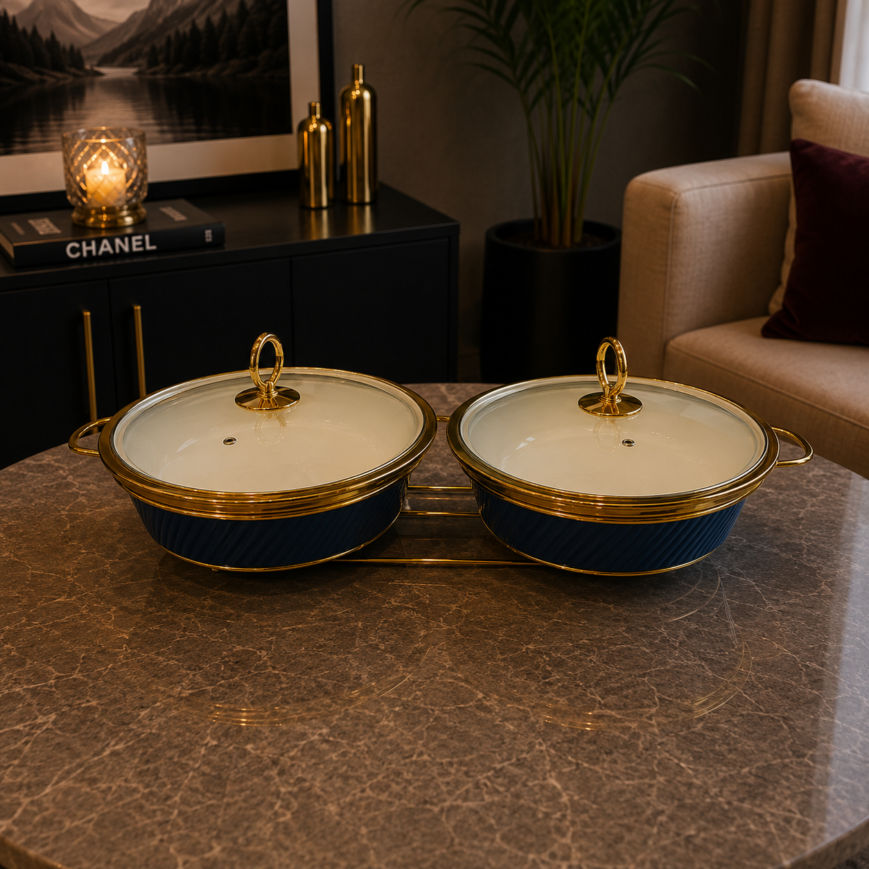 Double Round Blue Serving Dish Set - 12 Inches