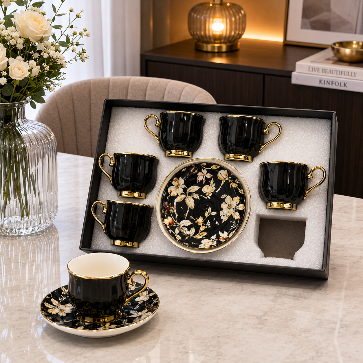 Midnight Bloom Ceramic Coffee Set - 12Pcs