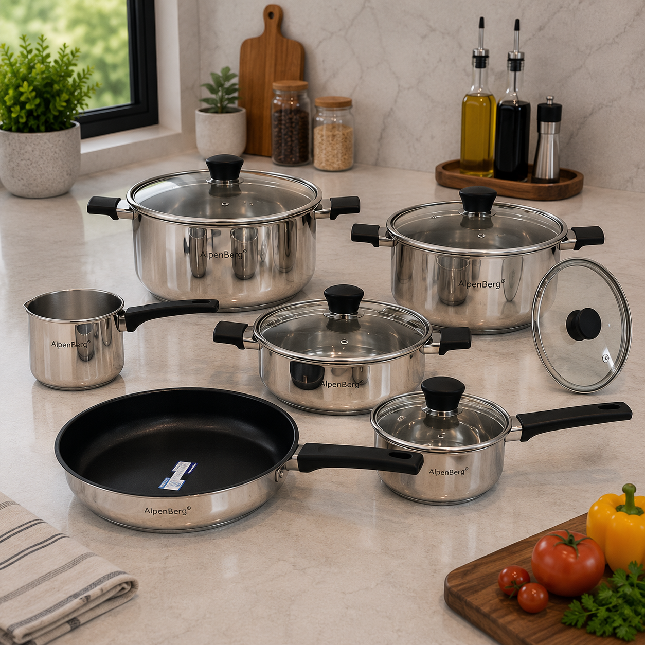 Alpenberg Stainless Steel Cookware Set with Glass Lids - 10 Pieces