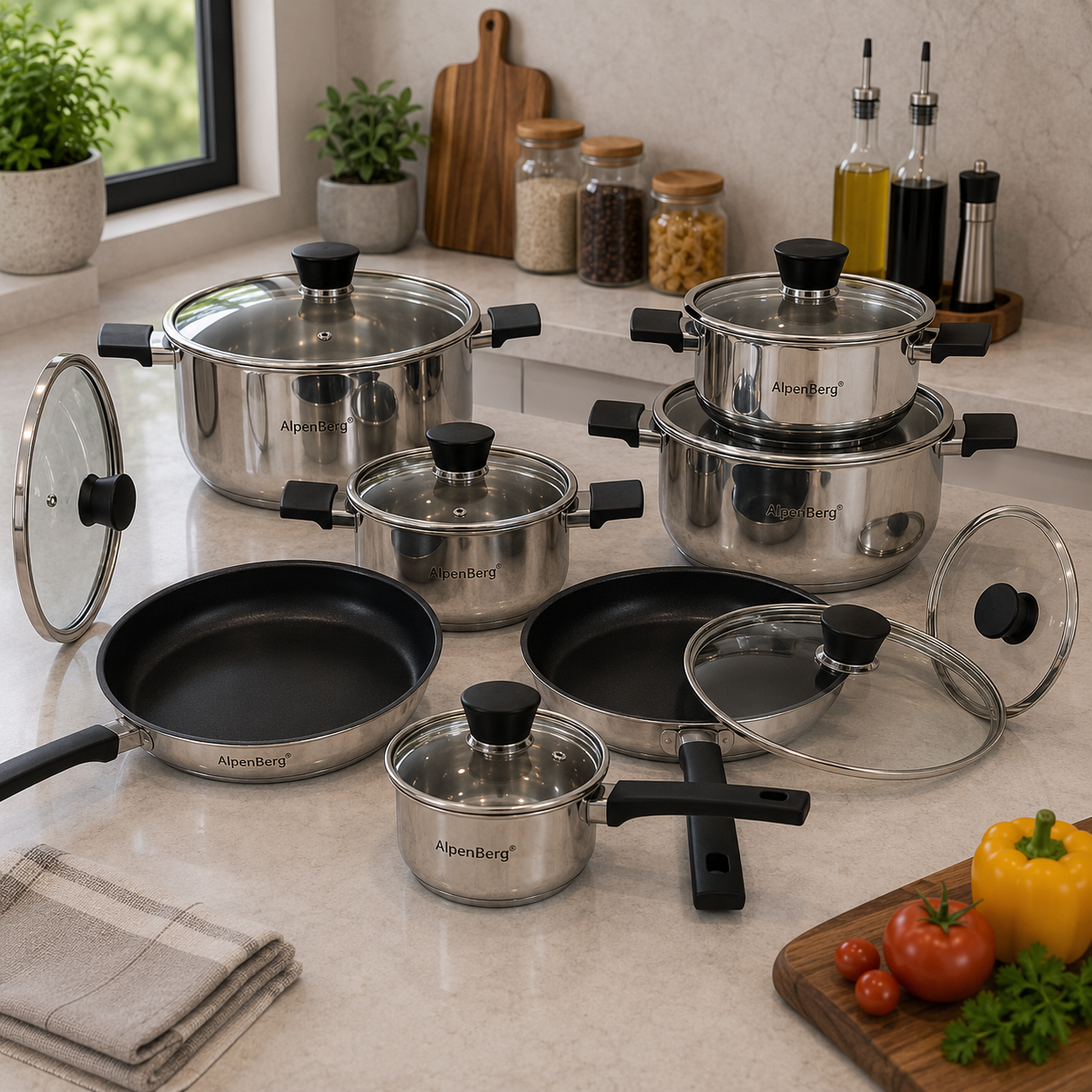 Alpenberg Stainless Steel Cookware Set with Glass Lids - 12 Pieces