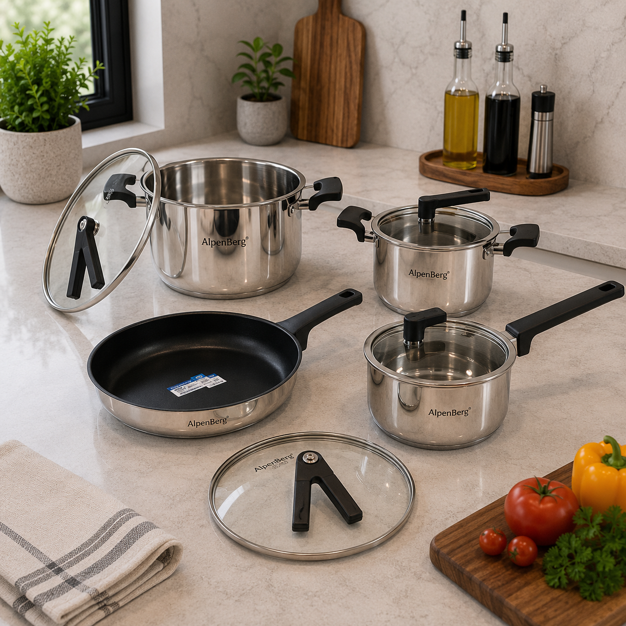 Alpenberg Stainless Steel Cookware Set with Glass Lids - 8 Pieces