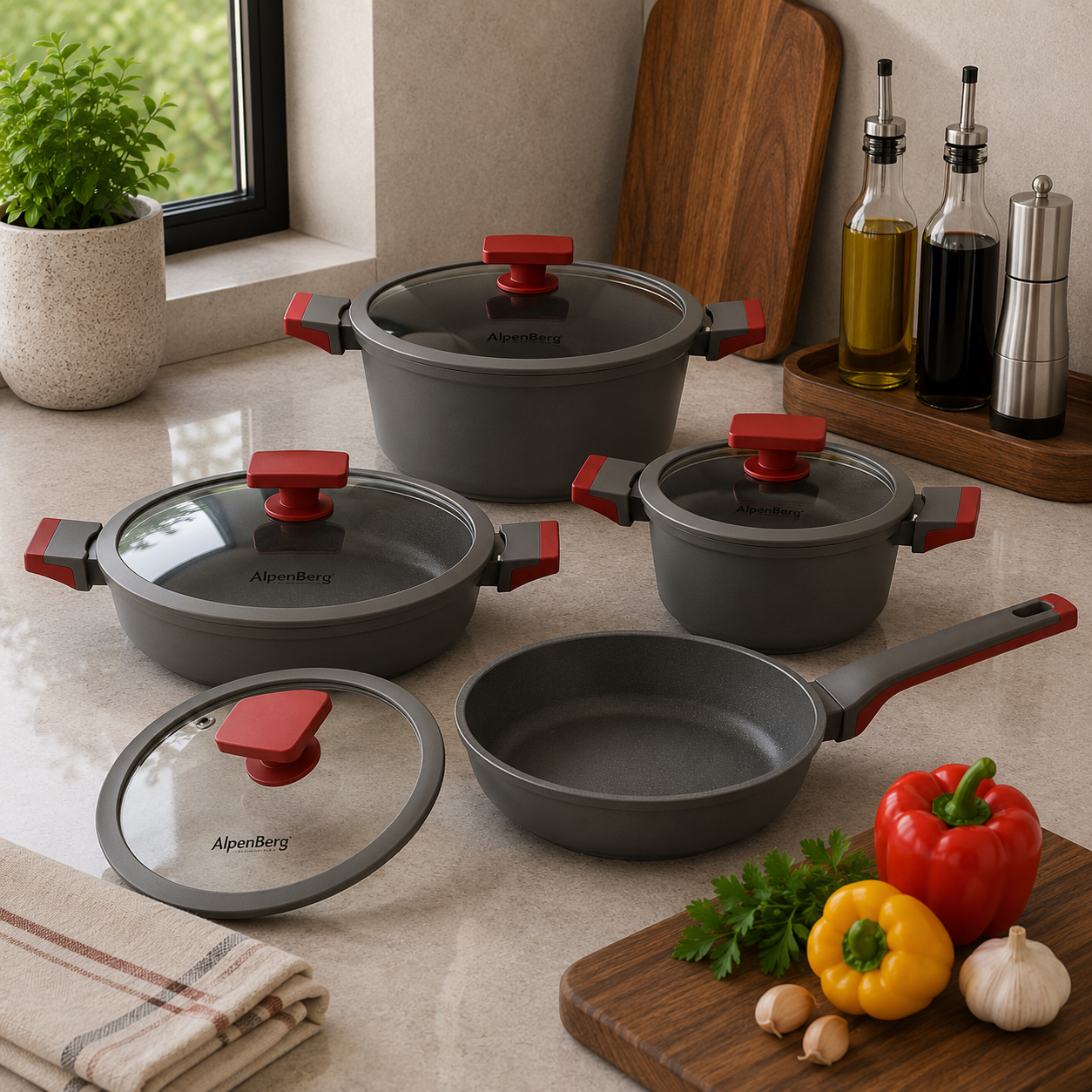 Alpenberg Non-Stick Cookware Set with Glass Lids - 8 Pieces