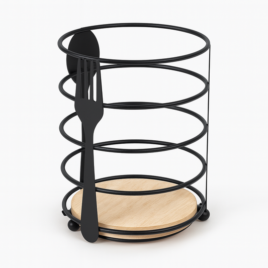 Modern Metallic & Oak Round Spoon Holder