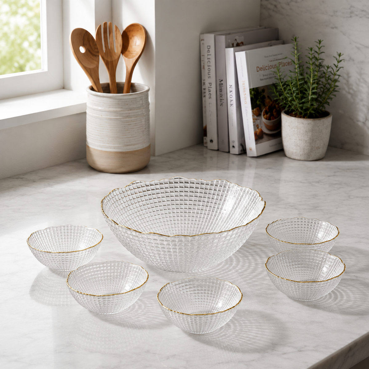 Blush Crystal Elegance Glass Bowl Set – 7 Pieces