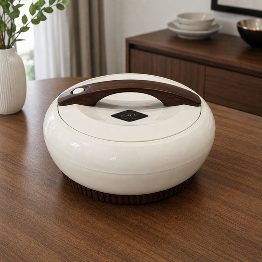 White Hot Pot with Dark Wooden Handle