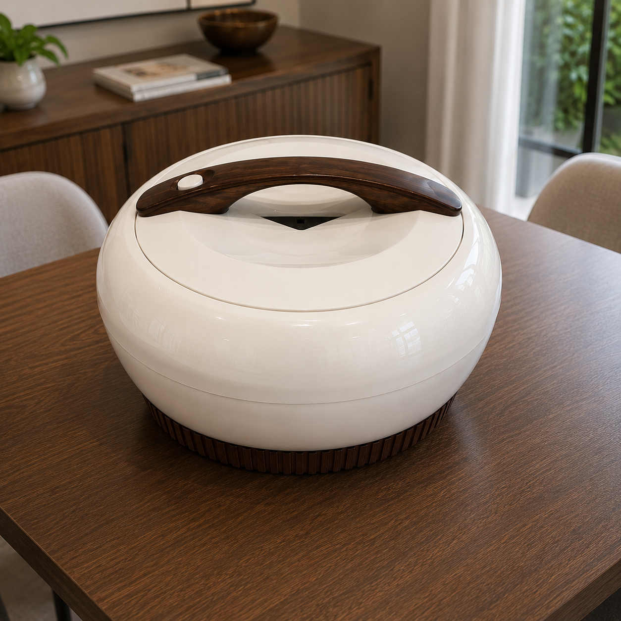 White Hot Pot with Dark Wooden Handle
