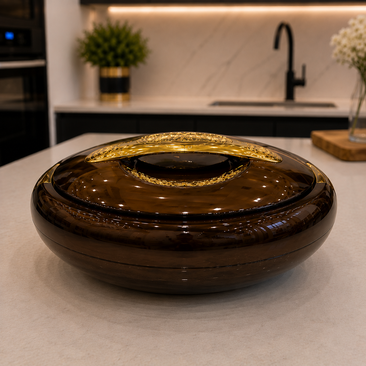 Premium Brown Glass Hotpot with Gold Decorative Lid